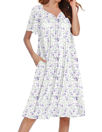 Ekouaer Nightgowns for Women Short Sleeve House Dress with Pockets Soft Moomoo Pleated Mumu Dresses V Neck Sleepwear