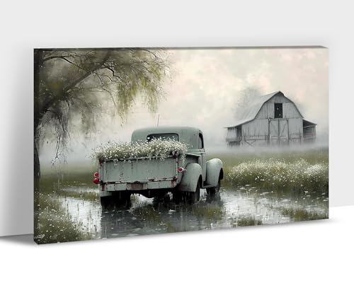 Farmhouse Old Truck Canvas Wall Art, Old Barn Pictures Wall Art, Country Antique Pickup Truck Canvas Prints, Green Truck With White Floral Flower Art Prints for Farmhouse Spring Decor 12"Hx18"W Inches