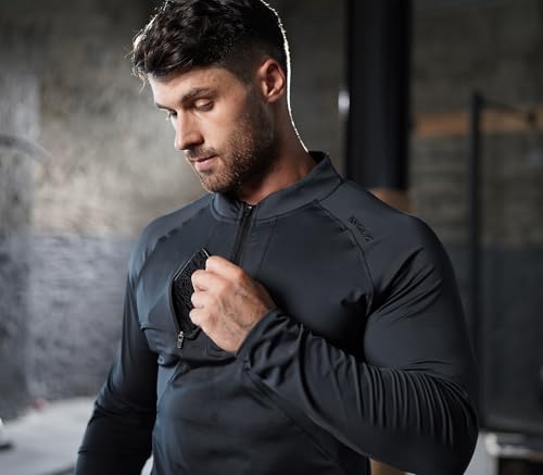 BROKIG Mens Dualzip Gym 1/4 Zip Top,Muscle Tight fit Lightweight Outdoor Athletic Long Sleeve Pullover with Pockets - Image 6