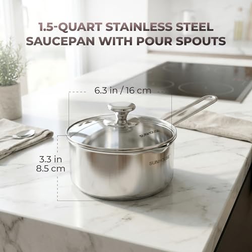 Image of SUNHOUSE 1.5 QT Sauce Pan with Lid & Pour Spouts, Tri-Ply Base