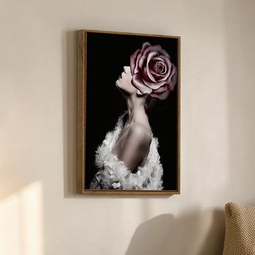 Image of Floral Woman Portrait Framed Canvas Painting For Living Room | Modern Rose Abstract Wall Art For Livingroom Wall Decor, Home Decor, Bedroom, Hallway's, Office, Hotel - 43x58 cm
