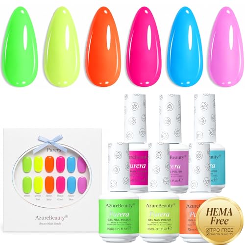 Image of AzureBeauty 6 Colors 15ml HEMA Free Neon Purera Gel Nail Polish Set, Same Color Bottles Soak Off UV LED Gel Polish Kit DIY at Home Manicure Salon Gifts, Summer Green Yellow Orange Hot Pink Blue Purple
