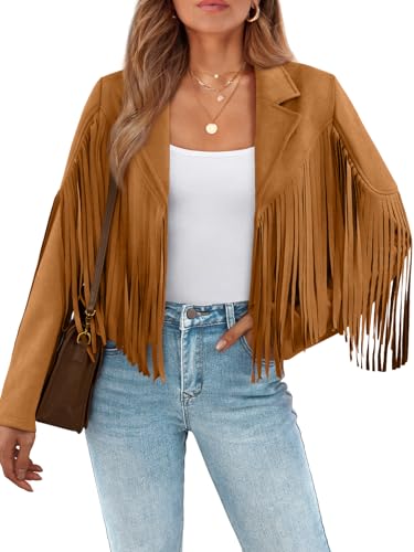 LILLUSORY Womens Cropped Fringe Faux Suede Leather Jackets