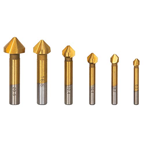 Tonsiki 6 PCS 90 Degree 3 Flute HSS Countersink Cutter Titanium Nitride Coated Chamfer Cutter End Mill Drill Bits Cutting Tool Set