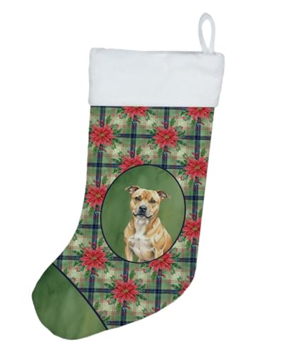 Caroline's Treasures Fawn Staffordshire Bull Terrier Christmas Poinsettas Holiday Stocking Double-Sided Print, Polyester Suede,11x18, Made in USA