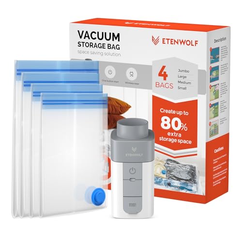 ETENWOLF 4 Pack Vacuum Storage Bags with Rechargeable Wireless Pump, Vacuum Seal Bags for Clothes and Travel, Space Saver Bags in Multiple Carry-On Si