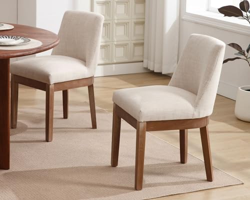 Image of HNY Modern Dining Chairs Set of 2 with Comfortable Back Support, Farmhouse Soft Linen Upholstered Kitchen Dining Room Chairs with Solid Wood Legs, Armless Accent Side Chairs for Living Room, Beige
