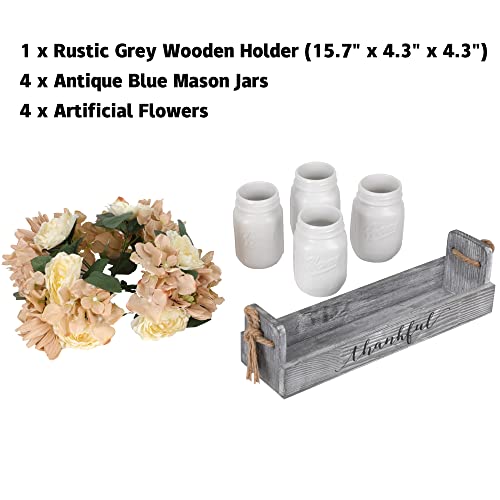 Mason Jar Centerpiece For Table – Rustic Floral Centerpiece Farmhouse Style Table Decor Home Wooden Décor With Beautiful Flower Arrangement – Antique White Design – 3 Mason Jars With Flowers #TOP2