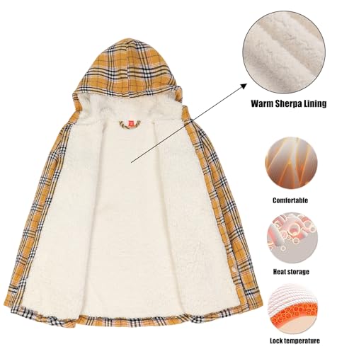 Image of ThCreasa Girls Sherpa Lined Plaid Button Hooded Jacket | Fully Interior Lined, Button Up, Flannel Outer, Family Photo Ready, School To Holiday Events, Fall Winter Shacket With Hood