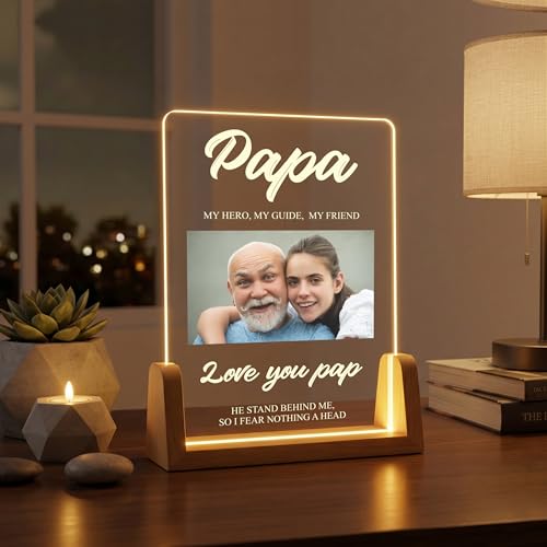 Image of Giftplease Personalized Rectangular Acrylic Wood Photo Frame | Warm LED Light Base Custom 1 Picture Horizontal Script Night Decor for Father Papa Husband | Fathers Day Best Dad Birthday Tabletop
