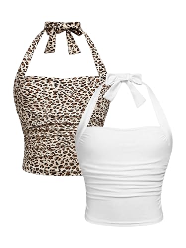 Image of SOLY HUX Girl's 2 Piece Halter Tank Top Leopard Print Ruched Tie Backless Sleeveless Y2k Tops