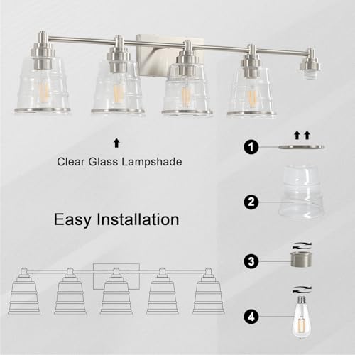 Image of Brushed Nickel Bathroom Vanity Light Fixture, 5 Light Bathroom Light Fixtures Over Mirror with Clear lampshade and Metal Base Sconce, 37 inch Modern Vanity Light for Bathroom(Exclude E26 Bulb)