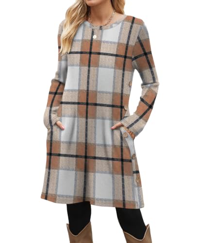 Image of OFEEFAN Fall Dresses for Women 2026 Crew Neck Long Sleeve Dress with Pockets
