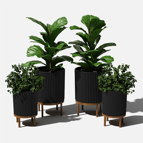 Image of Veradek Demi Series Raised Duo Planters - Set of 2 Planters with Stands | Made From a Durable Plastic-Stone Composite & Comes With Wooden Stand. Modern Porch /Patio Decor