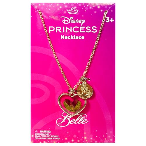 LUV HER Kids Disney Belle Necklace - Heart Pendant with Rose Petal & Gold Charm Inspired by Beauty and the Beast - Halloween Party Jewelry - Easy Gift Set for Ages 3+