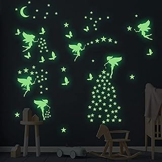 KAMEUN 6 Pack Stars and Moon Wall Stickers, Fluorescence Stickers Glow in The Dark, Wall Stickers for Bedrooms Boys Girls, Fairy Elf Luminous Stickers Wall Art Decal for Nursery Bedroom Decoration
