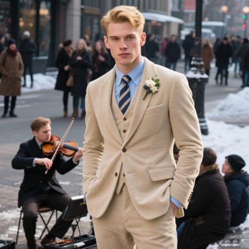 Mens Slim Fit Suit 3 Piece Corduroy Suits Retro Corduroy Blazer Jacket Vest Pants Set Formal Wedding Prom Tuxedos for Men3