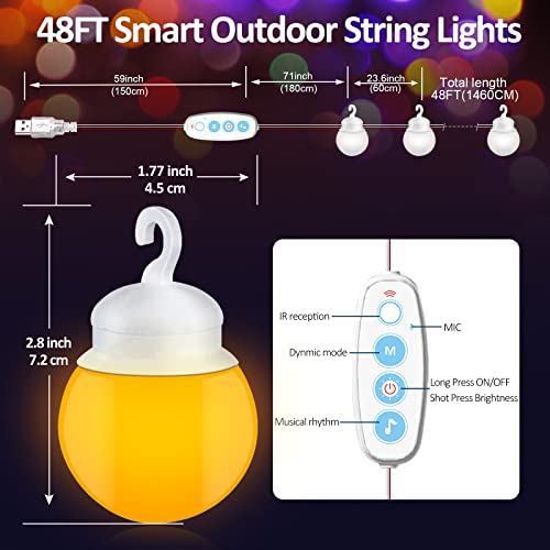 Gaefury Smart Outdoor String Lights, 48Ft Rgb Patio String Lights With Bluetooth App & Remote Control, Color Changing Outdoor String Lights Ip65 Waterproof For Patio, Balcony, Garden, Party #TOP5