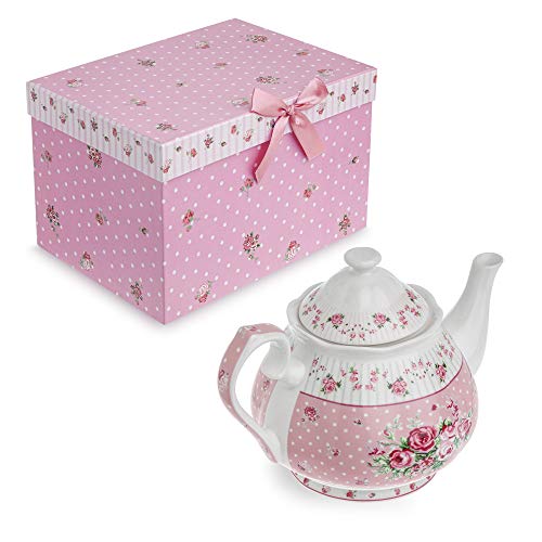 London Boutique - Juego de tetera de porcelana con azucarero y jarra de leche para crema, diseño vintage floral en caja de regalo (tetera rosa)