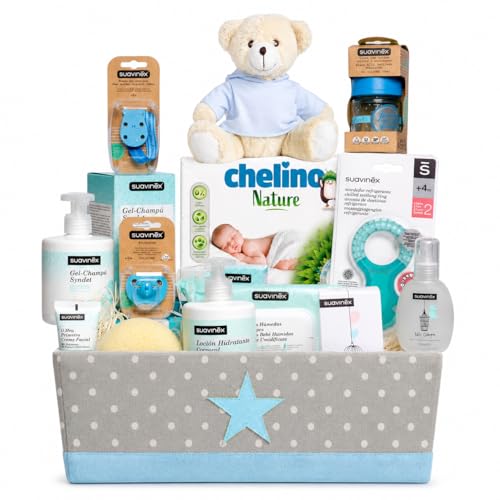 Mirifarma Canastilla Bebé Recién Nacido Suavinex Fantasy | Cesta Bebé Regalo con Productos para Recién Nacido | Incluye Peluche, Biberón, Chupete, Mordedor, Gel Champú, Loción, Crema y Pañales (Azul)