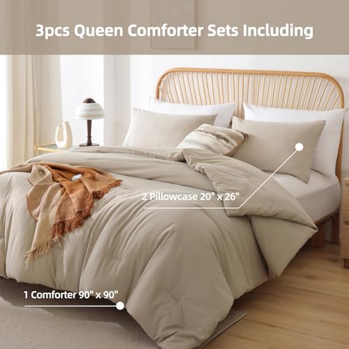 Image of ROSGONIA Oversized Queen Comforter Light Khaki, 3pcs (1 Comforter & 2 Pillowcases) Lightweight Oversized Queen Comforter Sets Bedding Blanket Quilts