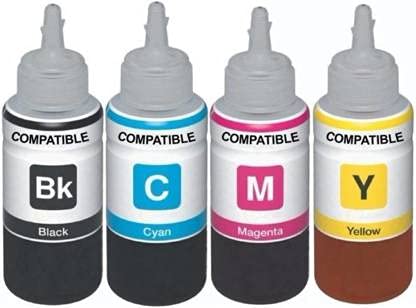 Image of Printcare Refill Ink Compatible for Use in Epson L380 Multi-Function Printer - Cyan, Magenta, Yellow & Black - 100 ML Each Bottle Black + Tri Color Combo Pack Ink Bottle