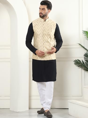 Image of SOJANYA (Since 1958 Men's Cotton Linen Maroon Kurta and White Pyjama with Mustard Cotton Nehru Jacket