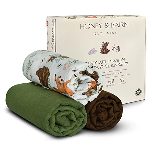 HONEY & BAIRN Baby Muslin Swaddle Blankets - Muslin Blankets Swaddle Set, Baby Muslin Blankets for Boy & Girl, Newborn Swaddle Baby Receiving Blankets - Woodland Themed Swaddle Blanket for Newborns