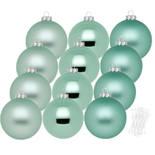 Inge Glas große Weihnachtskugeln mit Haken | Christbaumkugeln aus Glas | Set 12 Kugeln 8cm groß und 40 Aufhänger | Christbaumschmuck Weihnachtsbaumkugeln (Winter Jade | Mint)