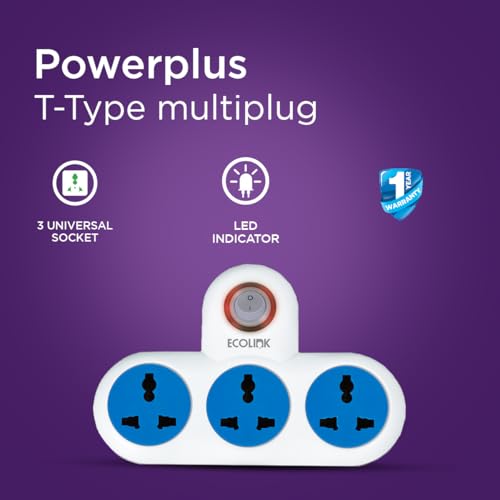 Image of EcoLink PowerPlus T-Multiplug 6A Extension | Compact & Portable Power Strip | Home, Office & Travel | Overload & Short Circuit Protection | Pack of 1