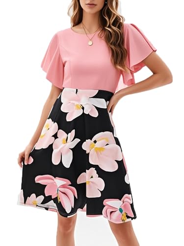 Image of oxiuly Wedding Church Vintage Cocktail Dresses with Pockets Summer Casual Floral Dress for Women Flare376