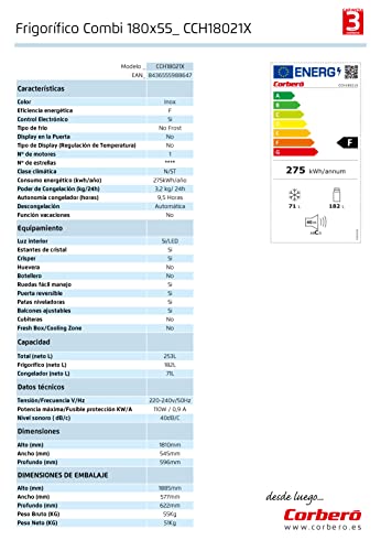 Corbero-CCH18021X-Combis-185×60-No-Frost-Dimensiones-181-x-545-x-596-Capacidad-253-L-No-Frost-Color-Inox-Eficiencia-Energetica-F