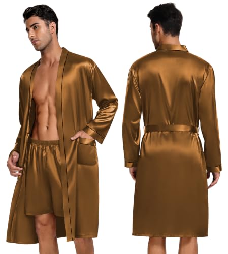 Image of SWOMOG Mens 3 PCS Satin Robe with Pants & Shorts Set Kimono Bathrobe Long Sleeve Sleepwear Pjs Sets with Pockets