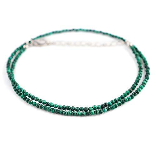 OdrillionGems Natural Malachite Gemstones Choker Necklace, Micro-Faceted Beads, Chakra Healing Crystals, 925 Sterling Silver, Handmade, Women Jewelry, Valentine Gift, Size 18