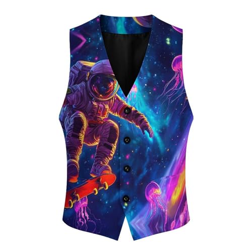 Astronaut on Skateboard Jellyfish Trendy Vest Suit for Men V Neck Formal Dress Waistcoat Vests Business Slim Fit3