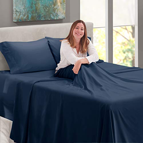Image of Nestl Full Bed Sheet Set - Navy Blue - 4-Piece Extra Deep Pocket | Instantly Soft, Night-One Ready (No Wash Required). Fits Extra Deep Pockets up to 24 Inches, 360-Degree Elastic Grip