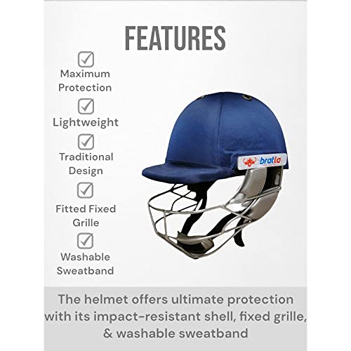 Bratla Pro Cricket Helmet - Navy Blue Cricket Helmets For Men, Cricket Helmet Comes With Neck Guard, Extra Padding And Fixed Grille For Protection, Medium Size #TOP1