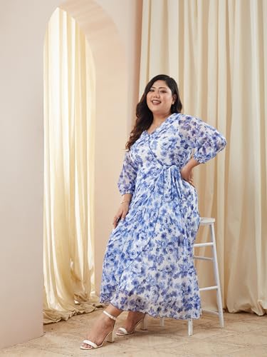 Image of Miss Chase A+ Women's V-Neck Three-Quarter Sleeve Floral Wrap Chiffon Midi Dress
