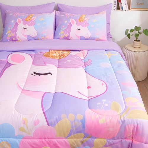 Image of Queen Comforter Set for Girls 7 Piece Purple Unicorn Bedding Set for Girls Super Soft Microfiber Bed Set Bed in a Bag with Comforter Sheets Pillowcase & Sham