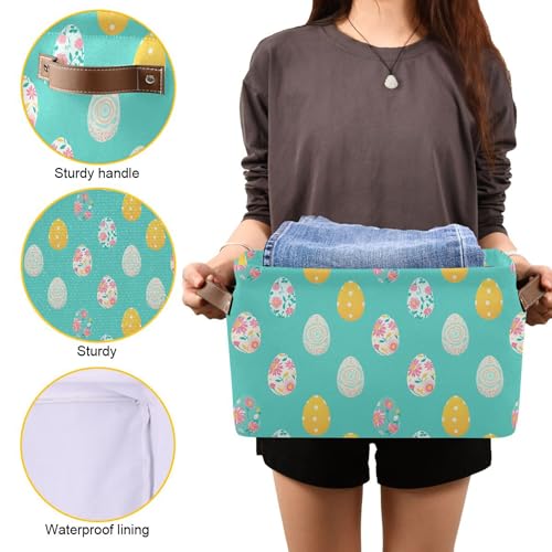 Image of Wamika Happy Easter Day Eggs Storage Basket Fabric Laundry Baskets Easter Rabbit Bunny Spring Storage Boxes Organizer Bag for Baby Cloth Dog Toy Book Storage Cubes Shelf Closet Bins 16x12x8 Inches