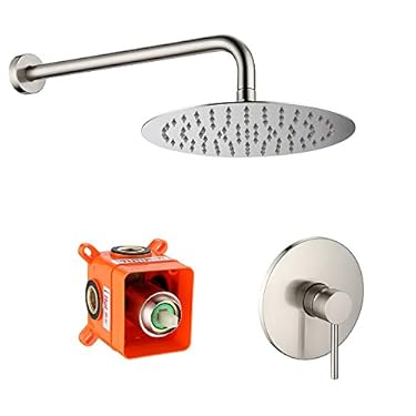 AMAZON - TEEKIA Round Rain Shower System Shower System Wall Mounted 8 Inch High Pressure Shower Head System with mounting accessories, brass body (Brushed nickel – round 2)