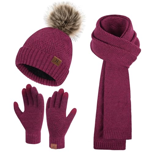 Femmes Hiver Chaud Bonnet Pompon Longue Echarpe Gants Tactiles Ensemble Tricot avec Doublure Polaire Thermique Cadeaux Noel Femme