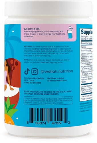 Image of Wellah Creatine + Electrolytes Powder (Blue Hawaii) 30 Servings - Hydration Drink Mix with 3g of Creatine Monohydrate