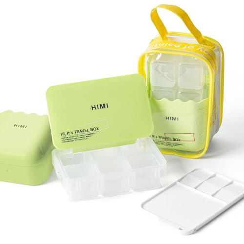 HIMI Travel Box Gouache Set – Holds up to 12 Colors, Mixing Palette, Brush Washer Bucket with Built-in Cleaning Grooves, Unique Portable Carry Bag for Artists & Beginners