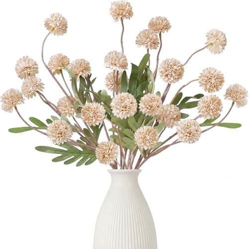 AMORISE 5pcs Beige Faux Flowers for Vase,Bulk Artificial Flowers with Stems,Mini Fake Silk Mums for DIY Wedding Centerpieces 