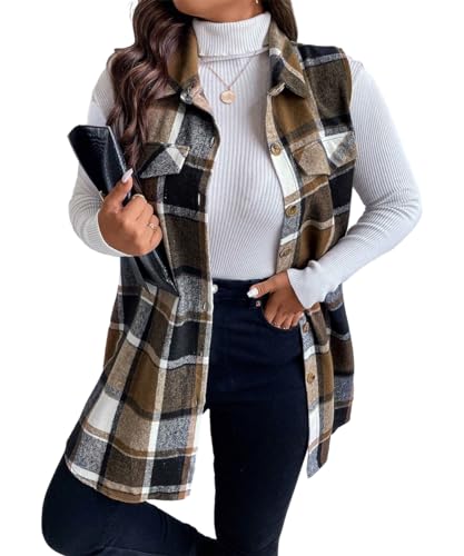 Mina Self 2025 Women's Fall Flannel Plaid Vest Tops - Sleeveless Long Single Breasted Casual Fashion Jackets with Pockets4