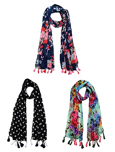 FABS COLLECTION™ Women’s Printed Chiffon Multicolored Scarfs & Stoles with Pearl Tassels Set of 3(C3-46)