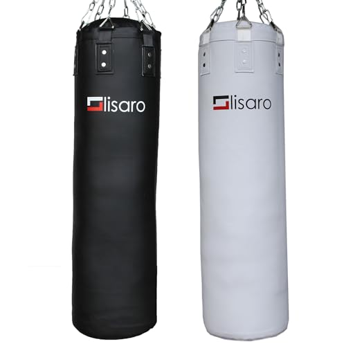 Lisaro Premium Boxsack gefüllt/ungefüllt | geeig. für Jede Sportart | inkl. 6er - Punkt – Stahlkette | Boxen & MMA | Kampfsportarten (schwarz, gefüllt)