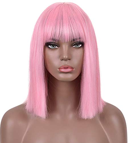 PRETTIEST Pink Short Wig Straight Bob Pink Wig with Air Bangs Synthetic Hair Women’s Wig