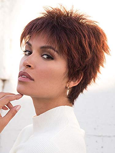 Lizzy Wig Color Expresso - Rene of Paris Wigs 3.5" Short Spiky Wispy Bangs Razor Layers Synthetic Average Cap Bundle MaxWigs Hairloss Booklet